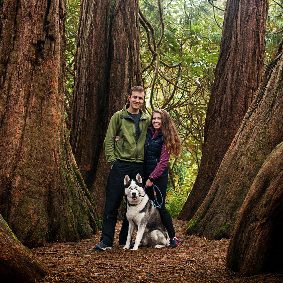 Our founder, Peter with his wife Grace and their rescued husky, Sequoia. Together they loving hand craft every single candle!